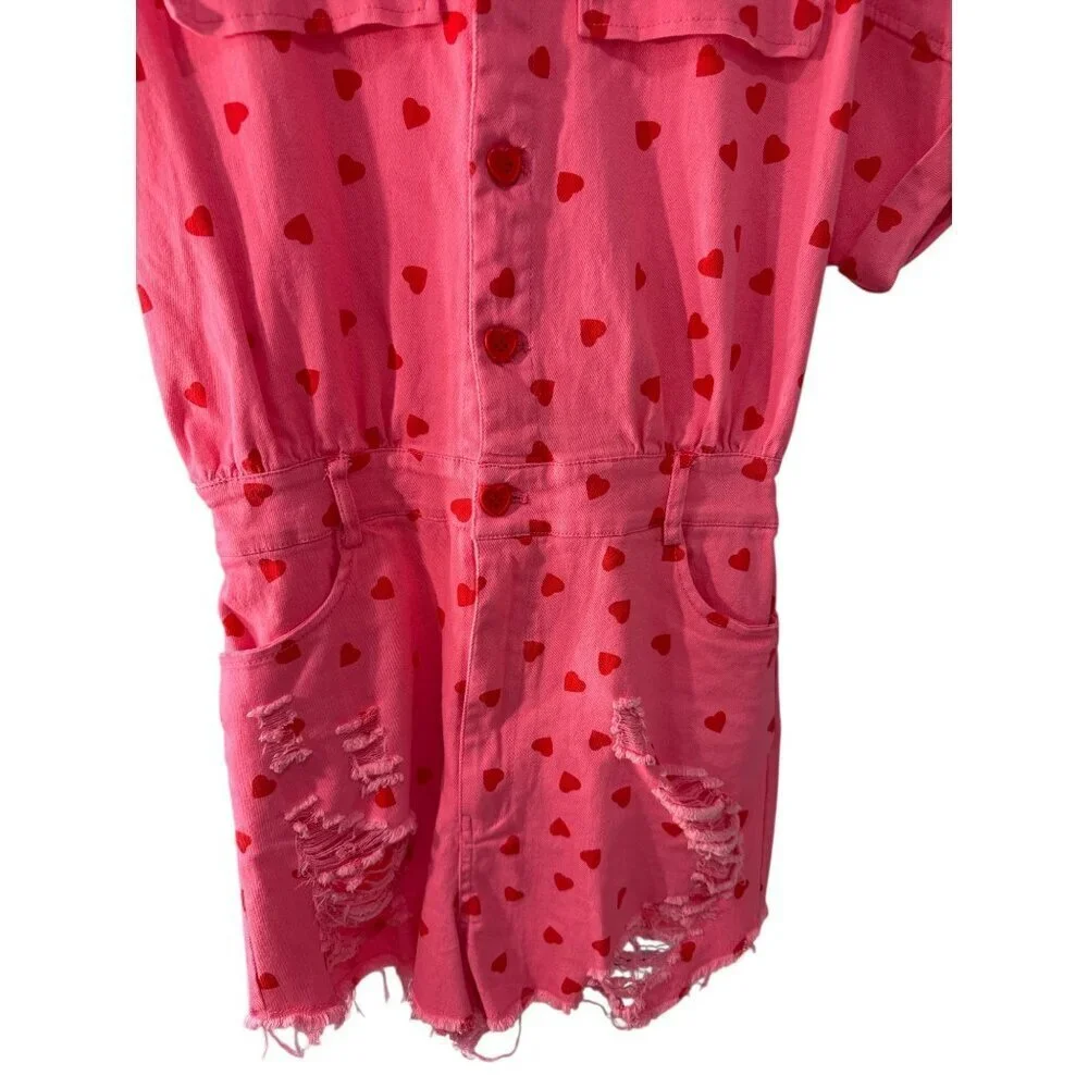 Mainstrip Romeo Heart Denim Distressed Romper Pink with Red Hearts Size S EUC